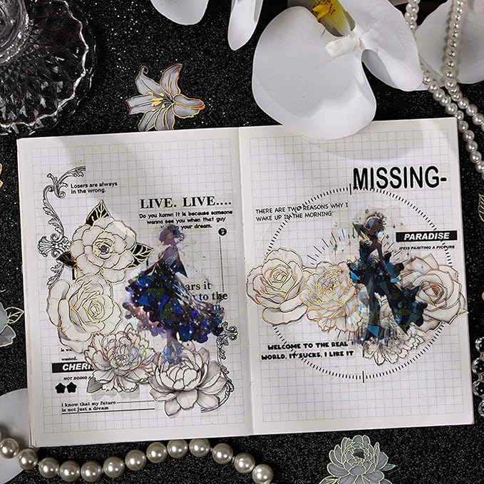 120PCS Floral Stickers for Journaling with Holographic Foil, Retro Background Decorative Stickers PET Material for Scrapbooking, Planners, Diaries, 6 Styles Vintage Flower Design