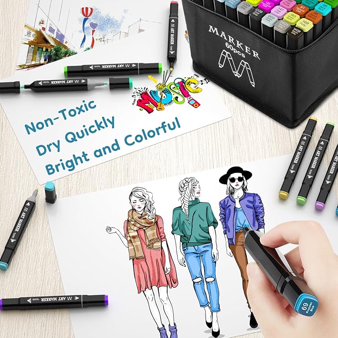 Alcohol Markers Set, 60 Colors Dual Tip Art Marker for Kids Sketching Adult Coloring, Permanent Drawing Marker with Case and Holders