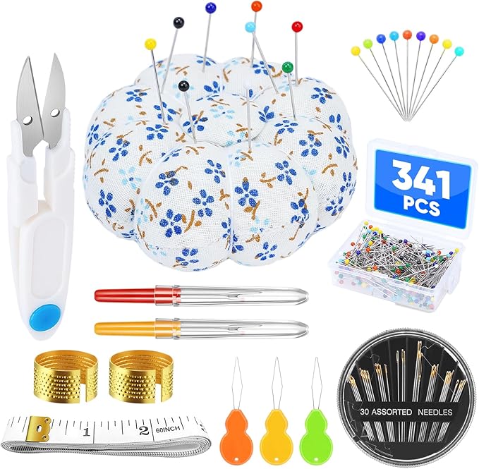 eZAKKA 341 PCS Sewing Pin Cushion Kit, Pumpkin Pin Cushion for Sewing Clips Sewing Pins, Needle Threaders, Small Scissors, Seam Ripper Soft Tape Measure for Decoration
