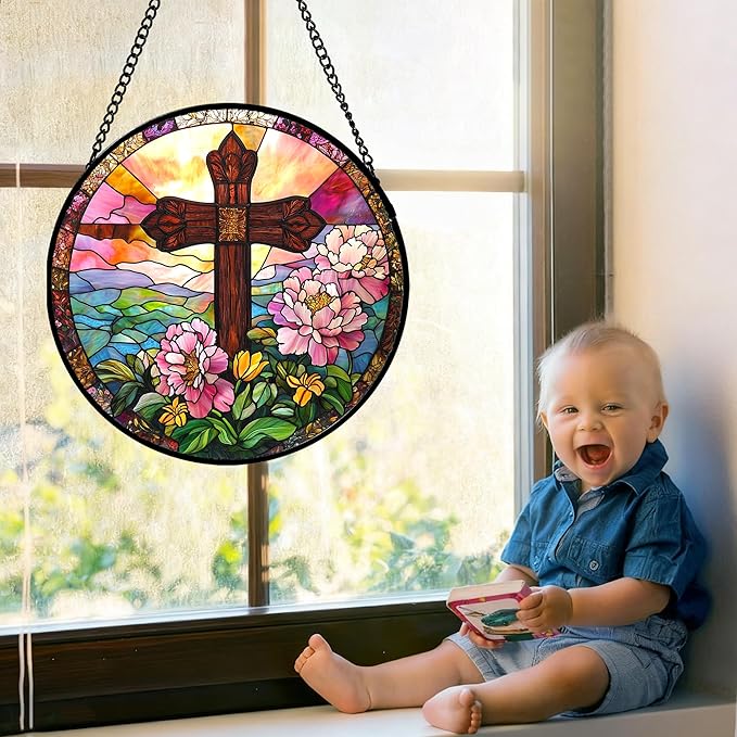 Christian Gifts for Women - Cross Stained Glass Window Hanging Jesus Easter Pink Flower Peony Sun Catcher Garden Religion Decor Mother's Day Catholic Gift for Men Grandma Mom Her Nana 9.8"