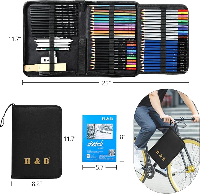 H & B 72PCS Drawing Supplies, Sketching Art Kit with A5 Sketchbook - Includes Graphite, Charcoal, Watercolor Pencils for Adults, Teens, Beginners & Kids
