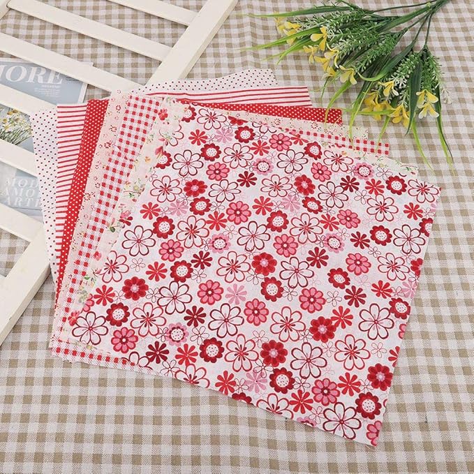 7Pcs Fat Quarters Fabric Bundles, 20 × 20inch Red Flowers Cotton Fabric Bundle Precut Fat Squares Sheets for DIY Patchwork Sewing Quilting Crafting