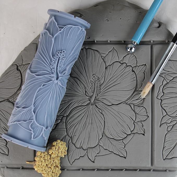 Hibiscus Clay Texture Roller (4") - Flower Set #01 - Embossing Pattern Roller for Polymer & Ceramic Clay, Pottery & Crafts