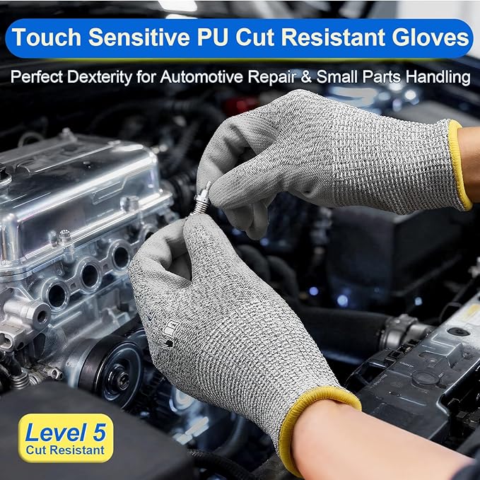 Dowellife 12 Pairs Level 5 Cut Resistant Work Gloves for Men and Women, PU Coated Breathable Gardening Gloves, Thin Flexible and Firm Grip for Mechanics and Fishing (Small, Grey)