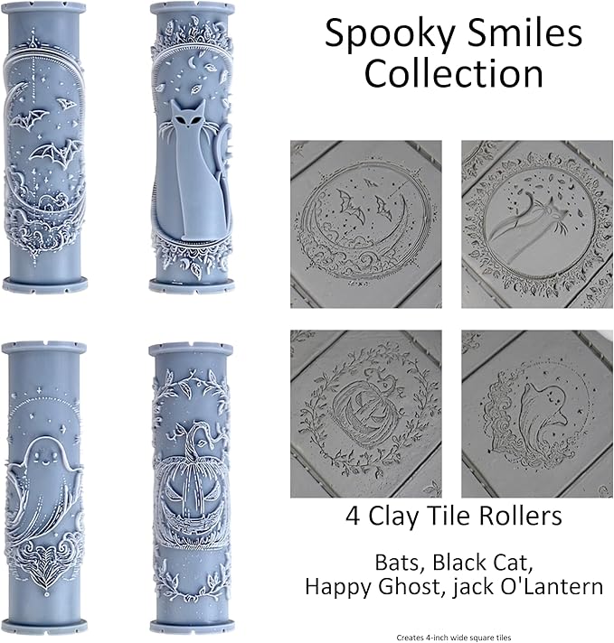 Spooky Smiles Collection Clay Texture Rollers 4-Pack (4") - Halloween Set #01 - Embossing Pattern Rollers for Polymer & Ceramic Clay, Pottery & Crafts