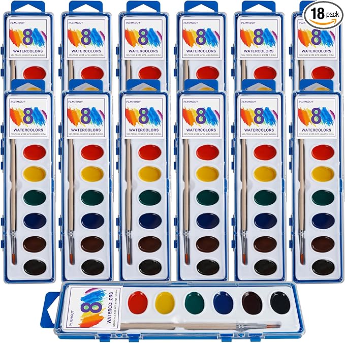 18 Pack Watercolor Paint Set,8 Colors Water Color Paints with Paint Brushes,Washable Bulk Watercolors Paint for Classroom Art Activities Birthday Party Favors