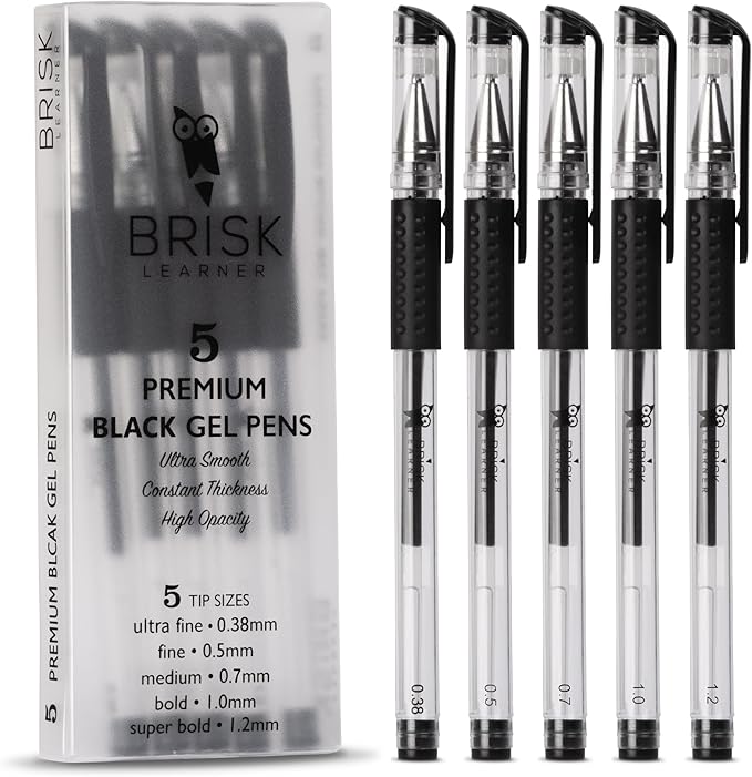 5 Black Drawing Gel Pens - 5 Tip Sizes - 0.38, 0.5, 0.7, 1.0, 1.2mm for Artists - Extra Fine, Fine, Medium, Bold, Super Bold - Japanese Ink for Art, Drawing, Writing, Journaling