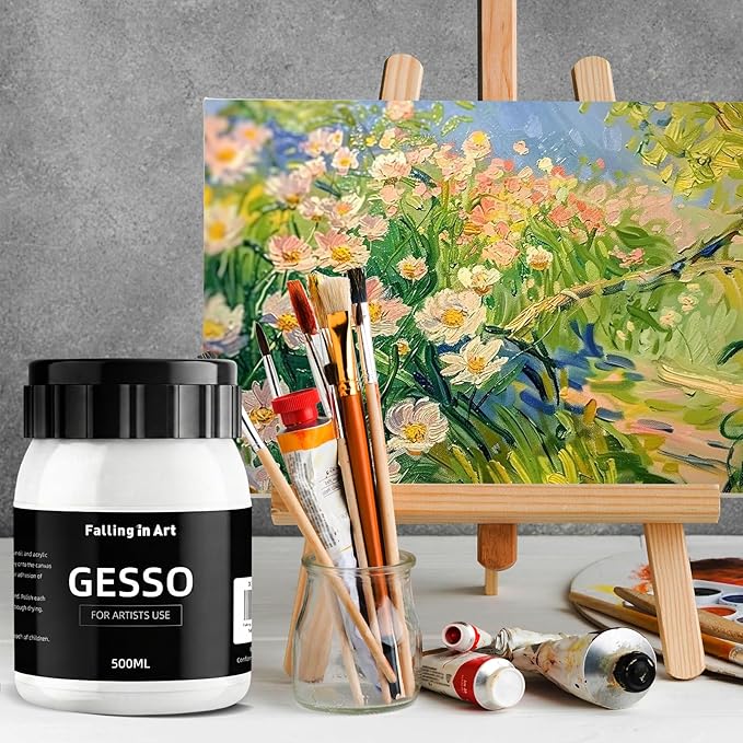 Falling in Art 16.9 Oz White Gesso Primer for Acrylic Painting for Oil Paints, Non-Toxic Canvas Surface Prep Medium