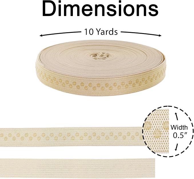 Mandala Crafts 0.5 Inch Elastic Silicone Gripper Tape for Clothing - 10 Yds Dotted Non Slip Elastic Band for Sewing - Cream Silicone Flat Fabric Stretchy Ribbon Straps