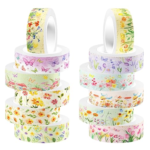 12 Rolls Floral Washi Tape Set, Butterfly Tulip Flower Writable Masking Tapes, Colored Decorative Adhesive Tape for Scrapbooking Journals DIY Crafts School Supplies Mother's Day Gift Packaging 16.4FT