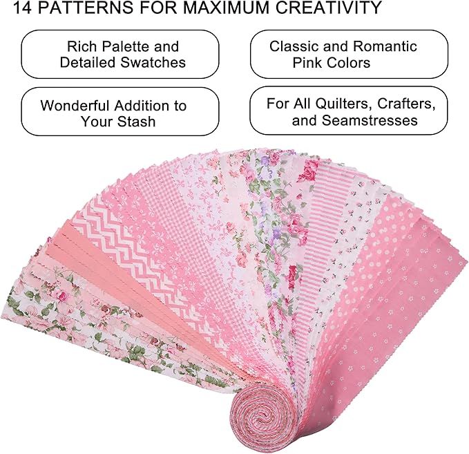 Pink Jelly Rolls for Quilting Clearance, 42 Strip 2.5" x 44" Jelly Roll Fabric clearance, Soft Cotton Strips for Blanket, Rug, Upholstery, Holiday Valentine's Party Decor, Home Décor, and Crafts, Pink
