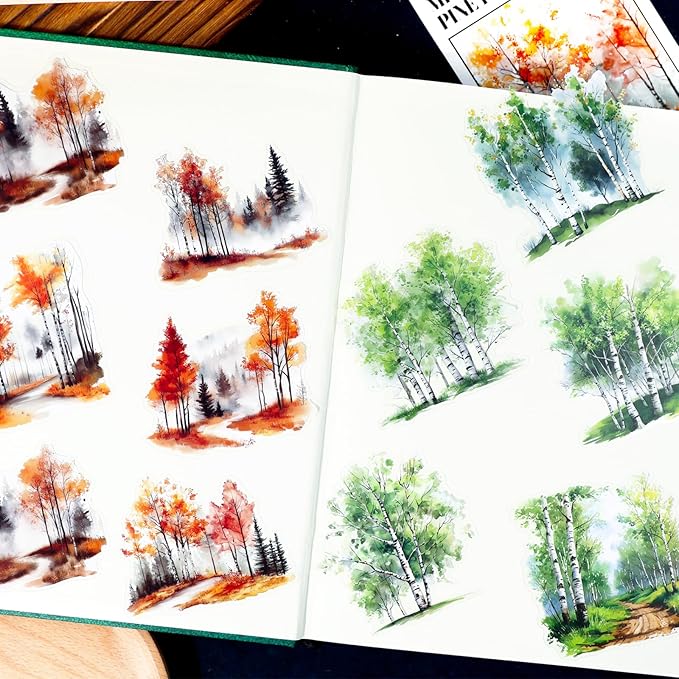 120 Pieces Botanical Tree-Themed PET Sticker, Pine Tree Forest Scenery Aesthetic Stickers for Scrapbooking, Journaling, Creative Journal Supplies and DIY Crafts