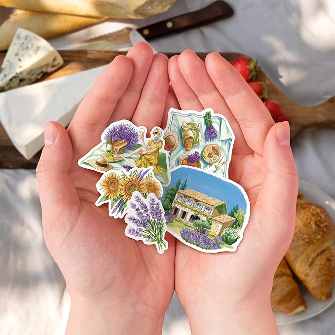Navy Peony Summer in Provence Travel Stickers (28pcs) - Watercolor, France Lavender-Themed Vacation Decals for Scrapbooks, Water Bottle, Luggage