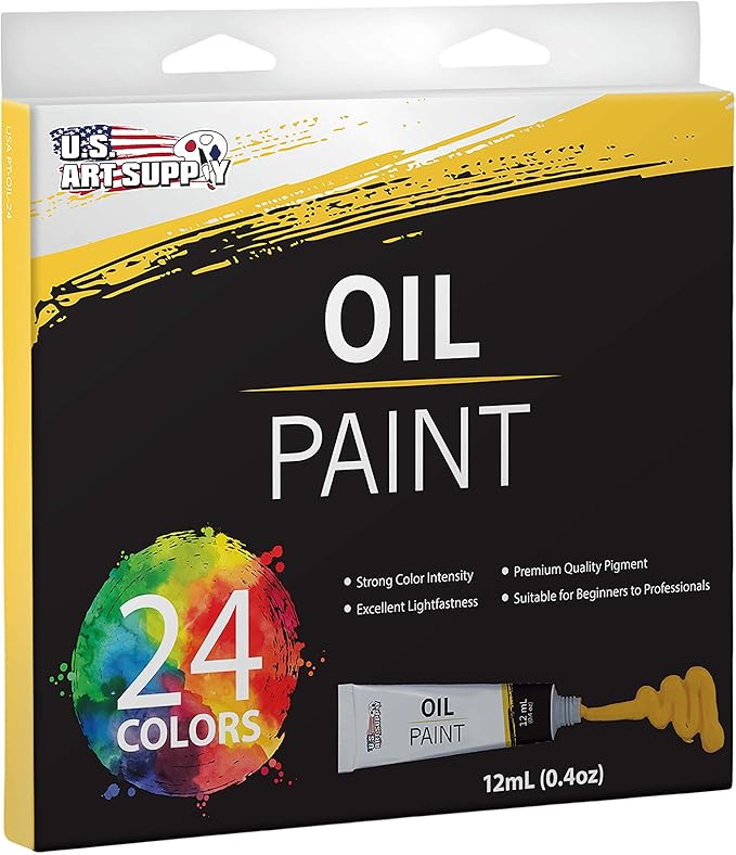 U.S. Art Supply Professional Oil Paint Set - 24 Vibrant Colors in 12ml Tubes for Canvas, Wood & Art Surfaces - Oil Based Paint for Artists, Adults & Students