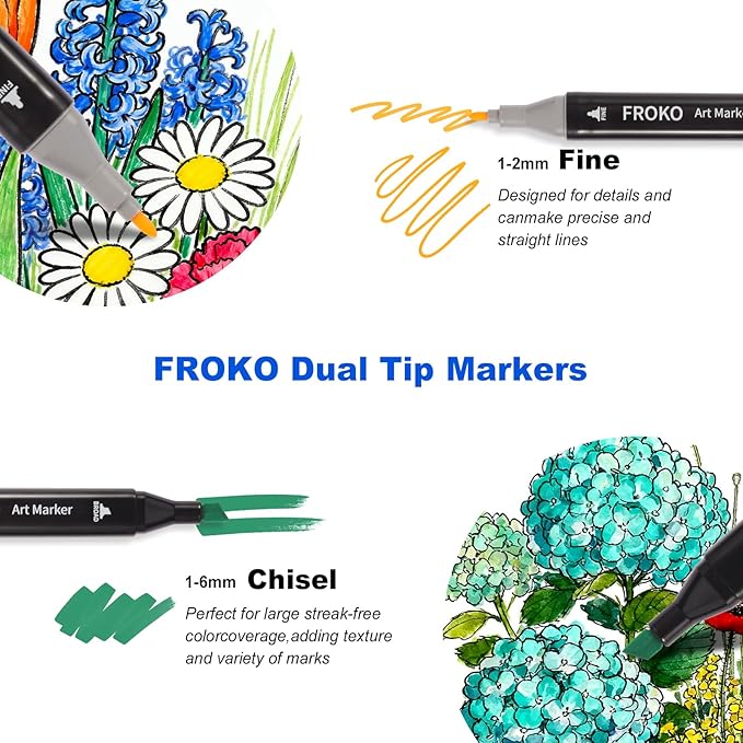 FROKO Alcohol Markers, 100 Colors Dual Tip Art Marker,Coloring Marker, markers for adult coloring books no bleeding