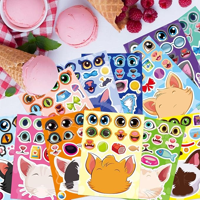 24 Sheets Cats Stickers for Kids, Make a Cat Face Stickers, Make You Own Cats Stickers Animal Stickers for Kids, Birthday Gift Party Favors Supplies Teacher Art Craft, Games School Activity Reward