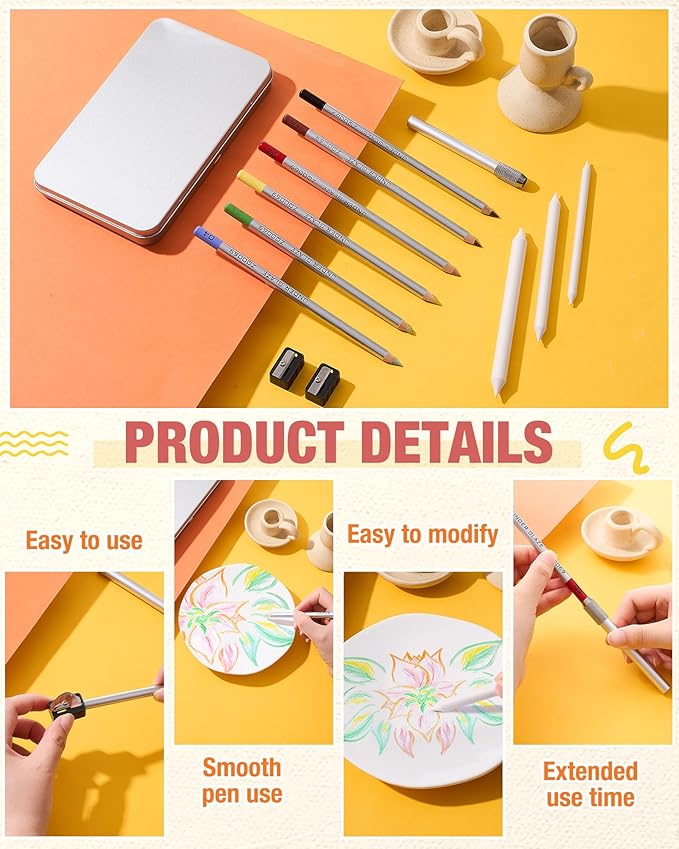 Affrolling 14 Pcs Underglaze Pencil Kits 7 Pcs Multicolor Underglaze Pottery Pen for Ceramics with Blending Stump Pencil Extenders Sharpener Pen Case for Decorating Under Ceramic Pottery Bisque Ware