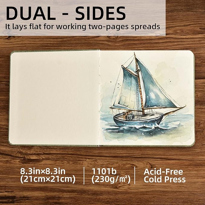 SEMLEART Small Watercolor Sketchbook for Travel,8.3x8.3/42Sheets/140lb(300 GSM),Cotton Pulp Paper ，Mini Watercolor Journal Notebook for Painting,Mixed Media Journal PAD（Green）