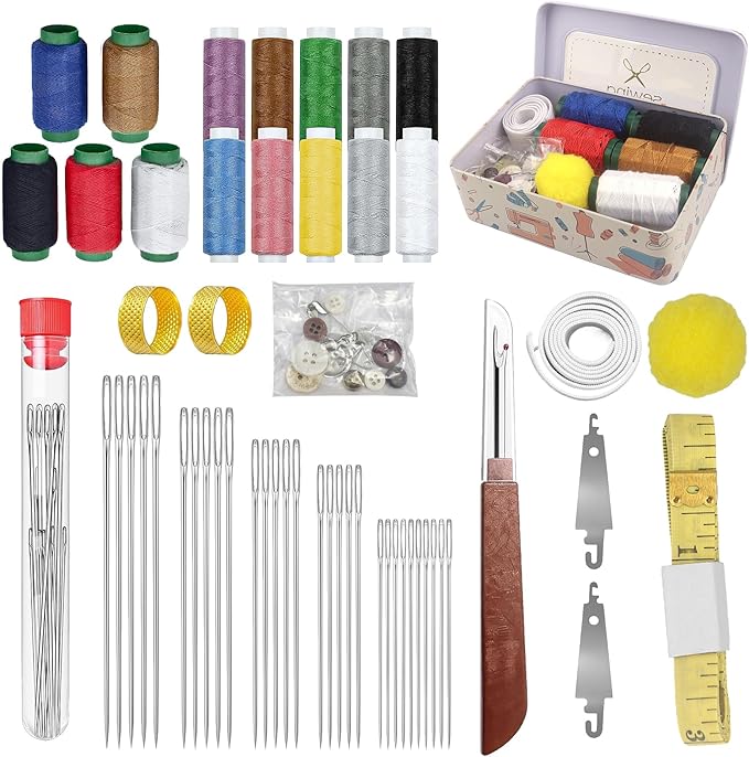 62Pcs Steel Needles for Hand Sewing, Big Eye Steel Sewing Needles Kit with Case, Portable DIY Craft Kits for Adults, Beginner, Emergency,Home,Travel (Yellow)