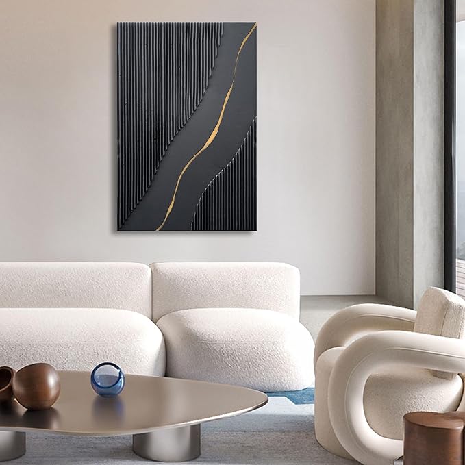 NANKAI Art Hand Painted Black and Gold Texture Minimalist Oil Painting Home Wall Deco Art Painting 36x24 inches