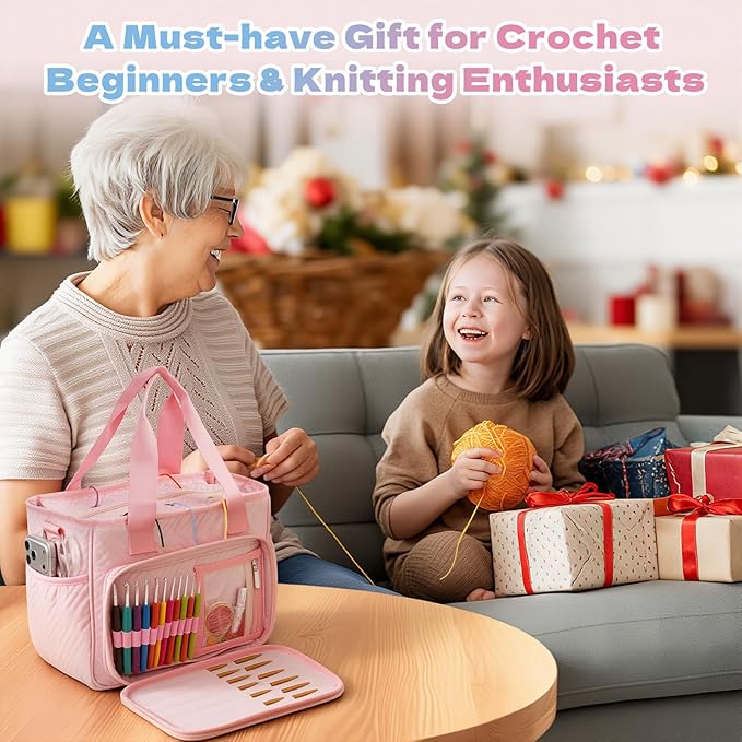 Dadanism Crochet Bag, Knitting Tote Bag, Yarn Storage Holder with Handle & Shoulder Strap, Yarn Storage Organizer for Crocheting Knitter, Crochet Hooks, Knitting Needles Kit, Sewing Supplies, Pink