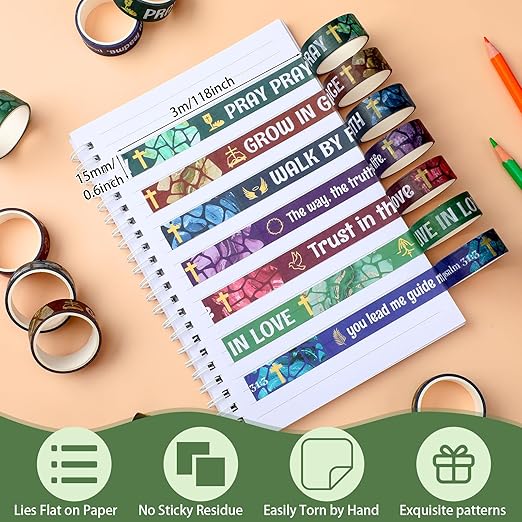 Janlaugh 24 Rolls Christian Washi Tape Gifts Bulk Religious Inspirational Scripture Supplies Cross Bible Verse Washi Tape for Bible Journaling Study Crafting New Year DIY Gifts