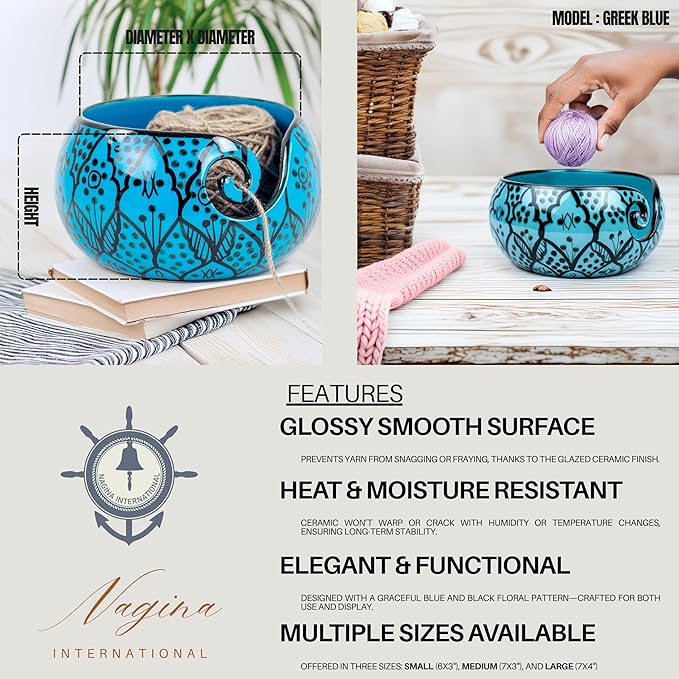 Nagina International Ceramic Attractively Hand Painted Gorgeous Stoneware Yarn Ball Storage Bowl With Innovative Dispensing Curl | Knitting & Crochet Accessions (Large, Greek Blue)