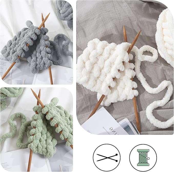 HOMBYS 12 Pack Chunky Yarn for Crocheting,Super Bulky Large Soft Fluffy Yarn,Plush Fuzzy Yarn,Thick Chenille Yarn for Hand Knitting/Arm Knitting,4 Cream,4 Light Grey,4 Sage Green(Each 27yds,8 oz)