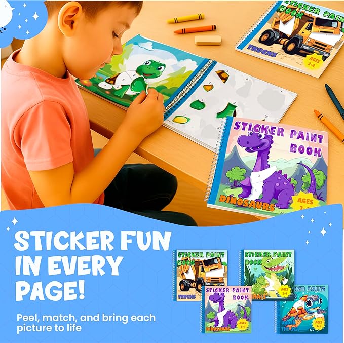BulbaCraft 4Pcs Sticker Paint Books - Sticker Books by Number with Dinosaurs, Trucks, Animals and Under The Sea - Coloring Activity