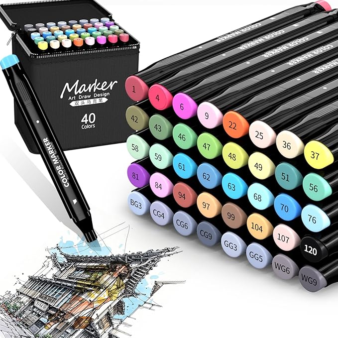 Alcohol Markers Set, 40 Colors Dual Tip Art Markers for Adult Coloring Books, Artists Drawing, Sketching, Card Making, Perfect for Painting Supplies, Halloween Christmas gift