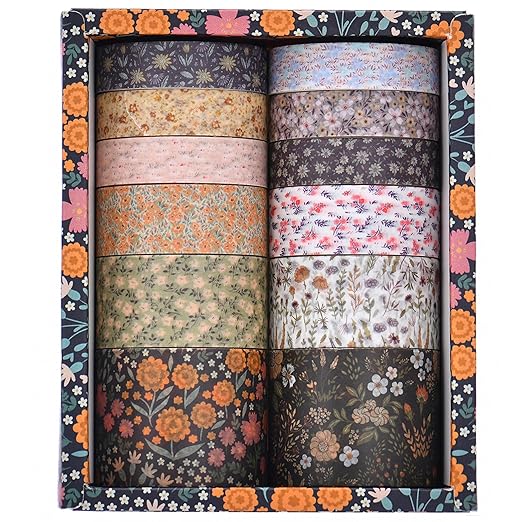 12 Rolls Flowers Washi Tape Set Floral Arts Adhesive Tapes Blooming Garden Decorative Masking Tape Sets for Craft, Kids, Scrapbook, DIY, Gift Wrapping (Flowers Blooms)