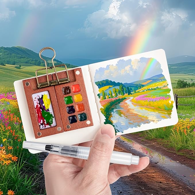 Mini Watercolor Travel Set, Mini Watercolor Paint Set with 2 Wooden 8-Grid Palette, 12 Colors Paint, 2 Sketch Books and 4 Brushes, Copper Clip and Sketchbook for Travel Painting