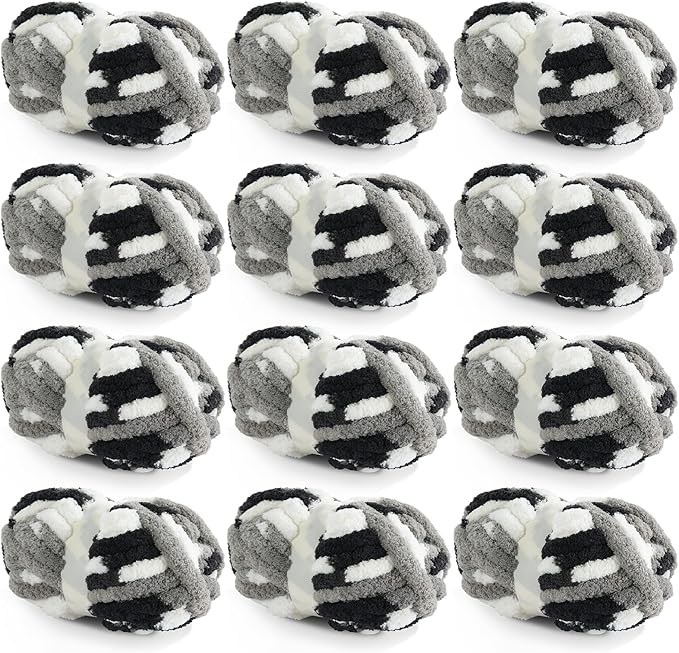 HOMBYS 12 Pack Giant Chunky Yarn for Crocheting & Knitting, Super Bulky Soft Fluffy Tie Dye Plush Fuzzy Mixed Color Thick Chenille Yarn (Black, White, Grey)