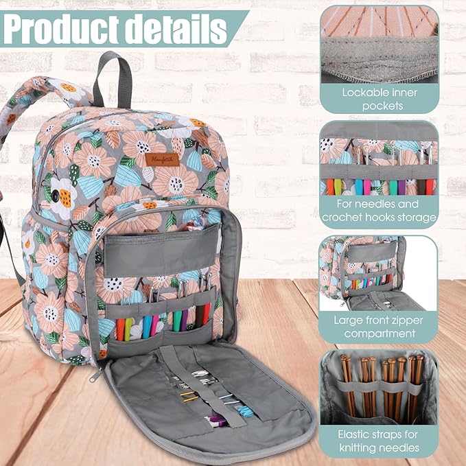 Yarn Storage Organizer Knitting Bag Backpack - Large Size with Grommets, Portable for Yarn Skeins, Crochet Hooks, Knitting Needles and Other Accessories (Flower-Grey)