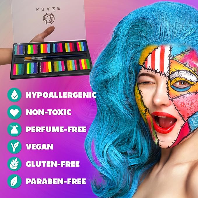Kraze FX Graffiti Split Cake Palette - 12 x 10 gm by Tamina Muhammed Professional 1-Stroke Split Cake Hypoallergenic Non-Toxic Water Activated Face and Body Painting for Kids Safe Adults