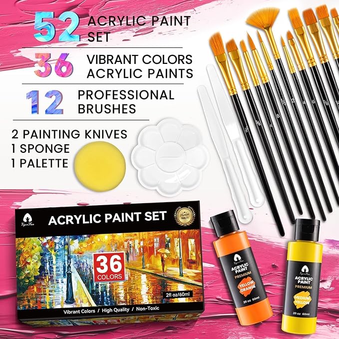 52 Pcs Acrylic Paint Set - 36 Colors (2oz/60ml) with 12 Brushes, 2 Knives & Palette - Rich Pigments for Adults, Artists & Beginners - Painting on Pumpkin Canvas Ceramic Rock Wood