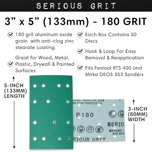 Serious Grit - 3" x 5" (80mm x 133mm) 14-Hole 180 Grit Sanding Sheets - Fits Festool RTS 400 & Mirka Deos 353 - Heavy-Duty Hook & Loop Film Abrasives - Sandpaper for Sheet Sanders - 50 Pack Box