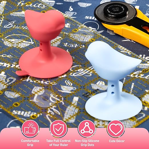 2-Pack Bird-Shaped Ruler Grippers + 24pcs Non-Slip Silicone Grip Dots | Ideal Quilting Ruler Upgrade Kit | Suction Cup Fits Most Non-Slotted Rulers/Templates