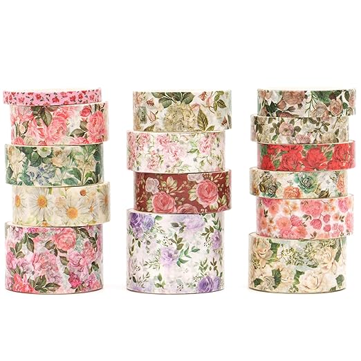Floral Washi Tape Set - 15 Rolls Flowers Arts Adhesive Tapes Garden Blooms Decorative Masking Tape Sets for Craft, Kids, Scrapbook, DIY, Gift Wrloapping (4-Rose Charm)
