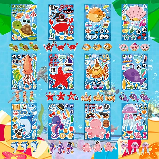 24 Sheets Make Your Own Sea Animals Stickers for Kids Toddlers, Make-a-face Stickers, Ocean Animals Stickers for Kids Party Favors Activities