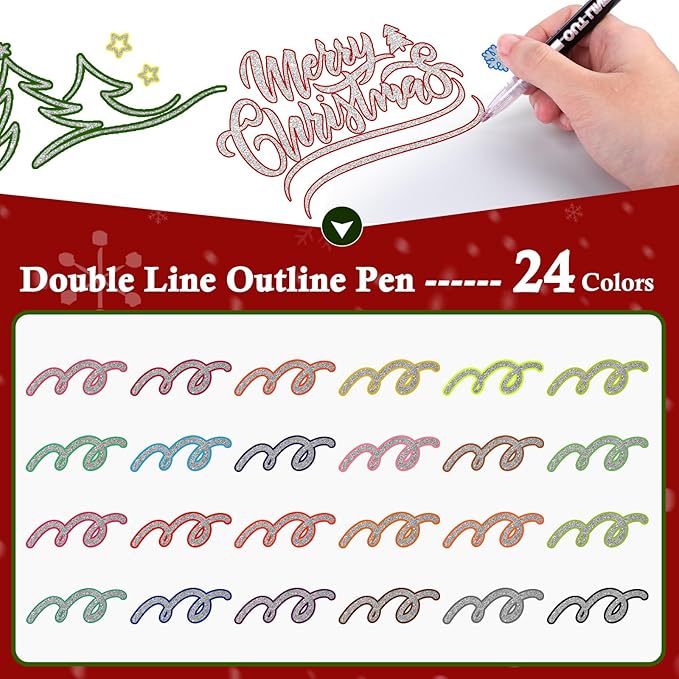 Shimmer Markers Double Line Outline Markers, 24 Colors Metallic Glitter Pens Set for Drawing, Art Supplies, Arts Crafts, Gifts for 4-12 Year Old Girl Kids Teens