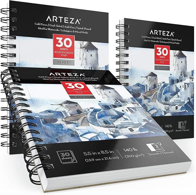 ARTEZA Watercolor Paper, Pack of 3, 30 Sheets Each, 5.5x8.5 Inches Water Pad, Spiral Bound, 140lb/300gsm Cold Press, Acid Free Art Paper