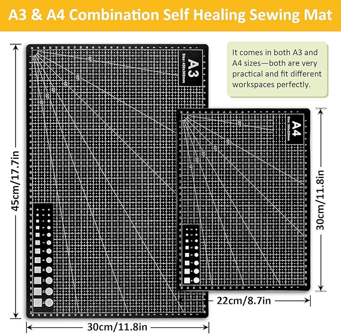 2 Pcs Large Cutting Mat Self Healing,Double Sided,Grid Line And Angles Help To Cut Precisely,Craft Mats for Scrapbooking, Quilting, Sewing and All Arts,Non Slip & Easy Clean ((A3 & A4 Black)