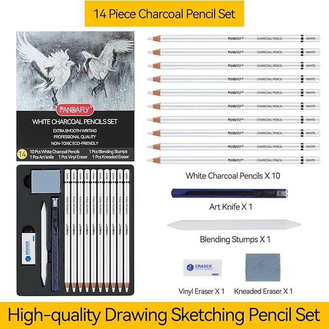 PANDAFLY White Charcoal Pencils Set, Professional 14 Piece Sketch Highlight Charcoal Pencils for Drawing, Sketching, Shading, Blending, White Chalk Pencils for Beginners & Pro Artists