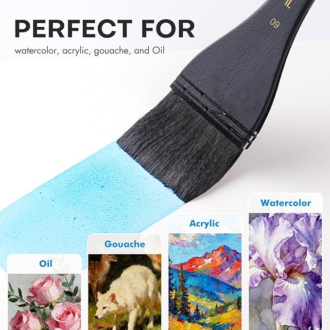 Flat Watercolor Brushes, Fuumuui 60mm Professional Squirrel Hair Flat Hake Brushes, Artists Scale Large Paint Brush with Long Handle for Watercolor and Acrylic Paints