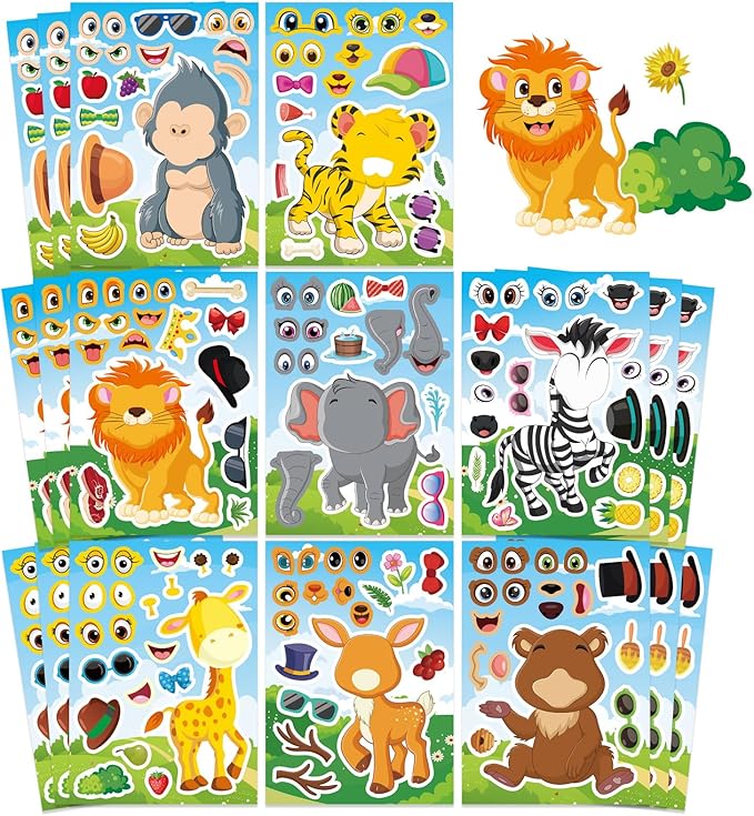 DUJAA Animal Stickers, 24 Sheets, Make-a-Face, Mix & Match, Kids 2-8, Party Favors, Crafts, Goodie Bags