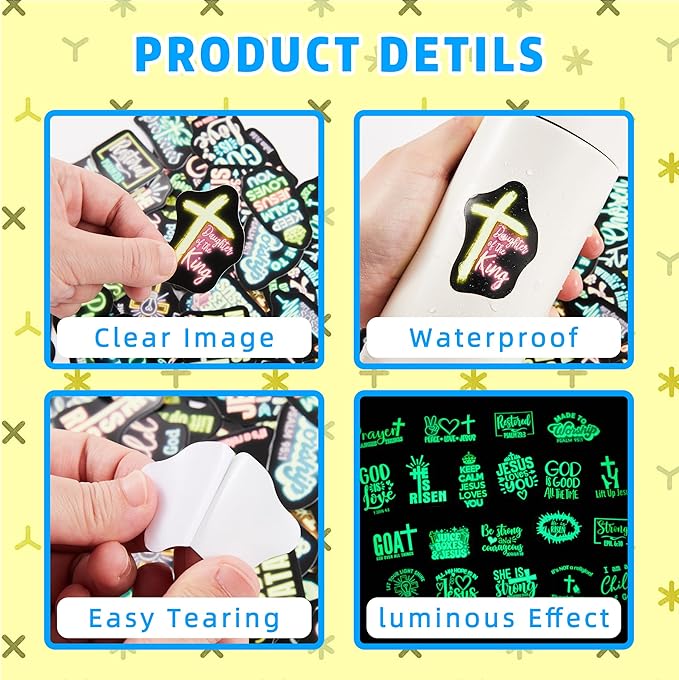 70 Pcs Glow in The Dark Neon Christian Bible Kids Stickers, Jesus Christ Faith Vinyl Waterproof Water Bottle Decals, Teens Adults Religious Christianity Christmas Thanksgiving Decor