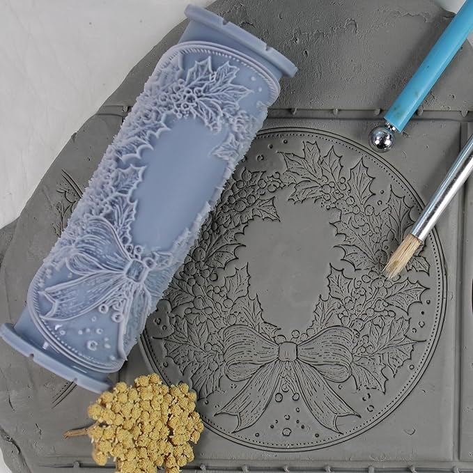 Wreath Clay Texture Roller (4") - Christmas Set #01 - Embossing Pattern Roller for Polymer & Ceramic Clay, Pottery & Crafts