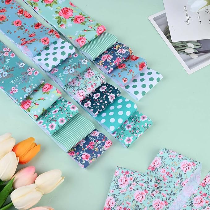 50 Pcs Green Blue Floral Jelly Fabric Strips Roll for Quilting Crafting Spring Summer Flower Precut Patchwork for Sewing DIY Crafts 2.55 Inch Polyester-Cotton Fabric Bundles