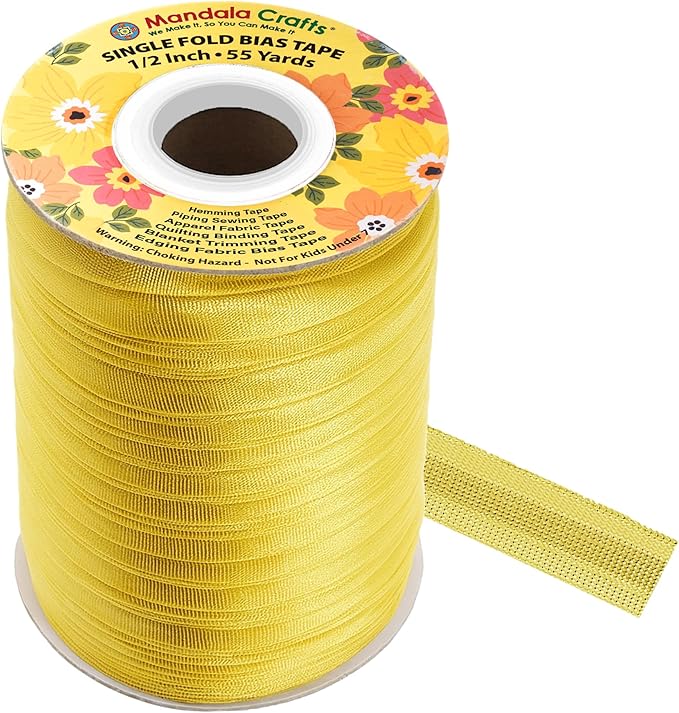 Mandala Crafts 1/2 Inch Single Fold Bias Tape for Sewing, Quilting, Piping, Hemming, Blanket & Quilt Binding – 55 Yards Metallic Gold Fabric Seam Binding Tape
